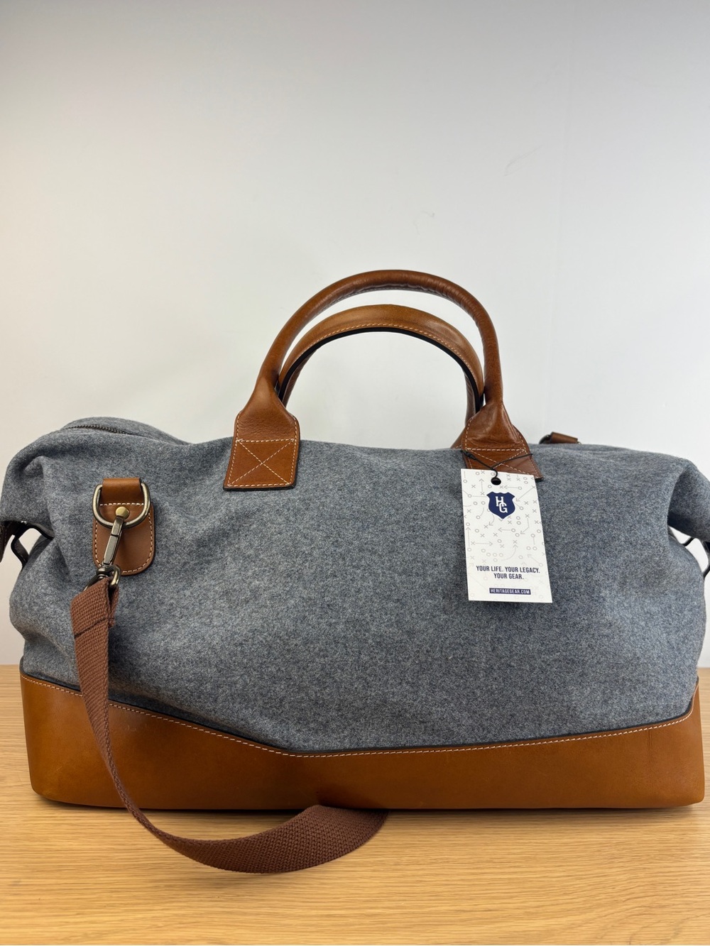 Heritage Gear Weekender Gray Melton Wool Duffle Bag Leather Accents NWT